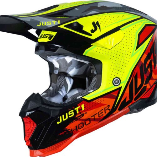 Casco Moto Cross Enduro Just1 J40 Shooter Camo Rosso Giallo Nero