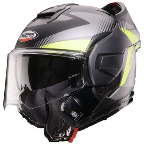 Casco Moto Modulare Caberg TRIP Lunar Con Dispostivo Sos Medical ID | Nero Grigio Giallo Fluo Opaco