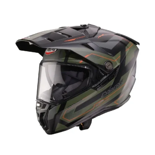 Casco Moto Touring Caberg Tanami Ranger con Dispostivo Sos Medical ID | Nero Verde Militare Arancione Opaco
