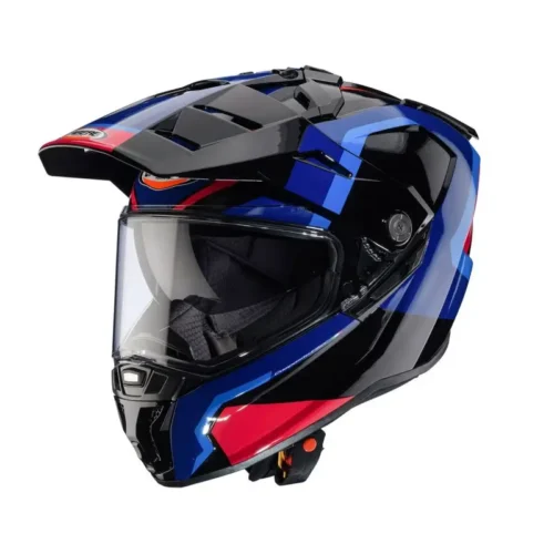 Casco Moto Touring Caberg Tanami Scram con Dispostivo Sos Medical ID | Nero Rosso Blu Azzurro