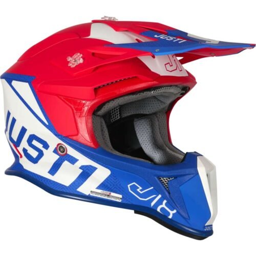 Casco Moto Cross Enduro JUST1 J18 + Mips Vertigo Blu Bianco Rosso