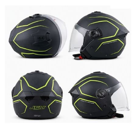 Casco Moto Scooter Demi Jet JFM 292 Doppia Visiera Nero Opaco Giallo Fluo